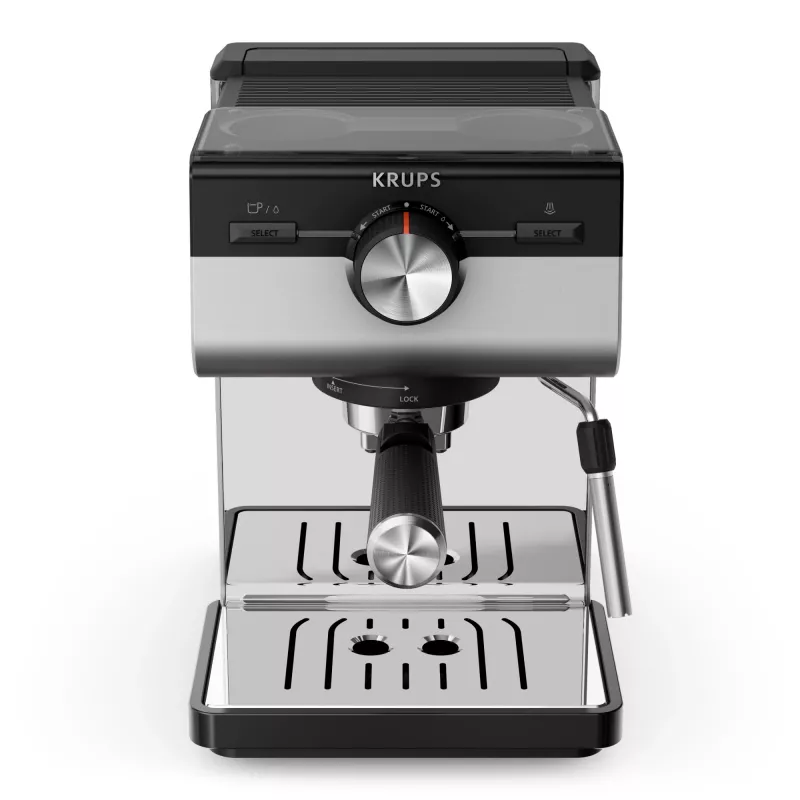Cafetera espresso KRUPS XP384E10 — semiautomática, depósito de agua de 2 l, 2 tazas, negra/acero inoxidable