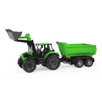 Tractor de juguete mecánico Lena Deutz-Fahr Worxx con 74 cm de longitud y remolque desmontable