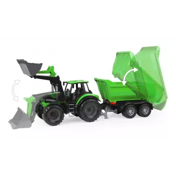 Tractor de juguete mecánico Lena Deutz-Fahr Worxx con 74 cm de longitud y remolque desmontable