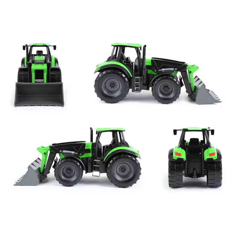 Tractor de juguete mecánico Lena Deutz-Fahr Worxx con 74 cm de longitud y remolque desmontable
