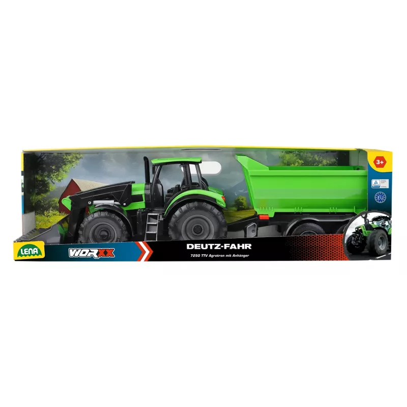 Tractor de juguete mecánico Lena Deutz-Fahr Worxx con 74 cm de longitud y remolque desmontable