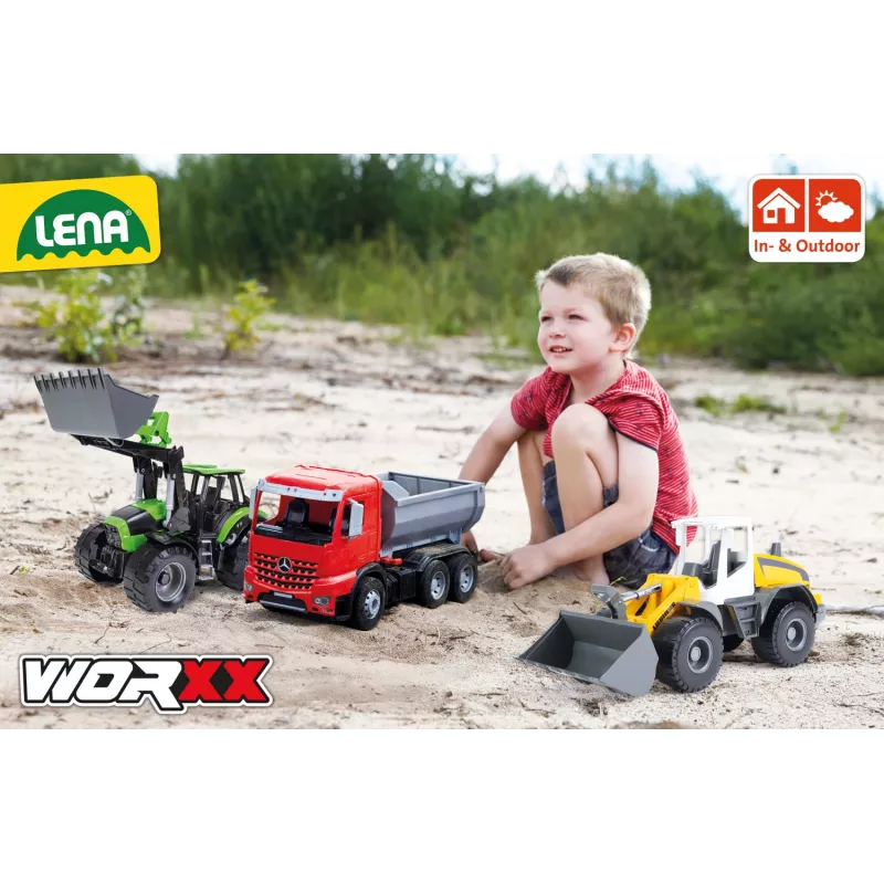 Tractor de juguete mecánico Lena Deutz-Fahr Worxx con 74 cm de longitud y remolque desmontable