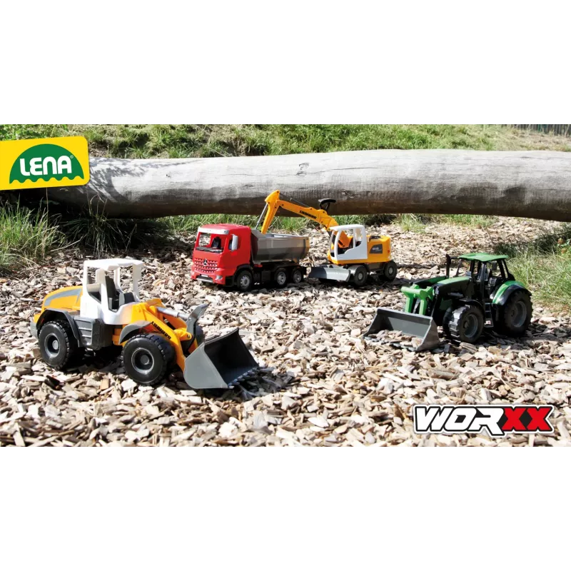 Tractor de juguete mecánico Lena Deutz-Fahr Worxx con 74 cm de longitud y remolque desmontable