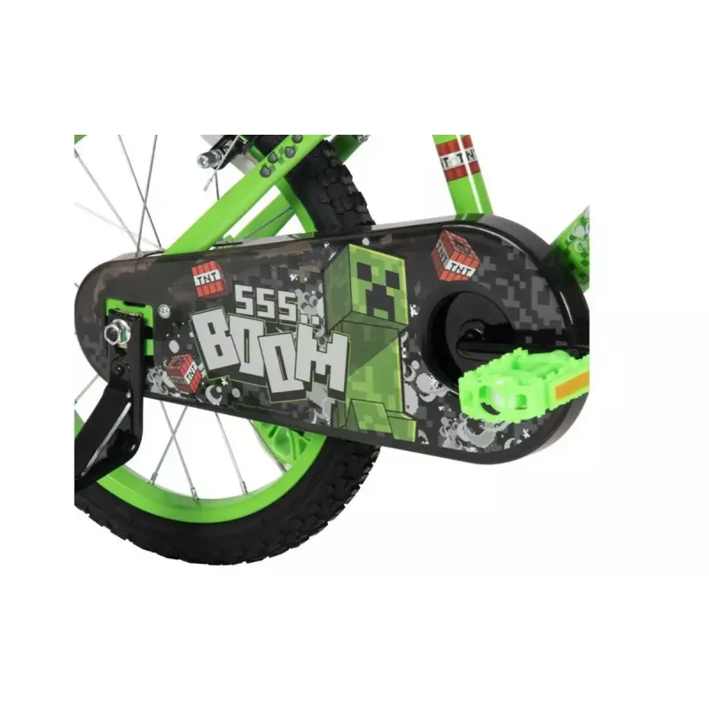 Bicicleta infantil HUFFY Minecraft 16 inch verde — cuadro de acero de 16 inch, transmisión de una velocidad, frenos de llanta delantero y trasero
