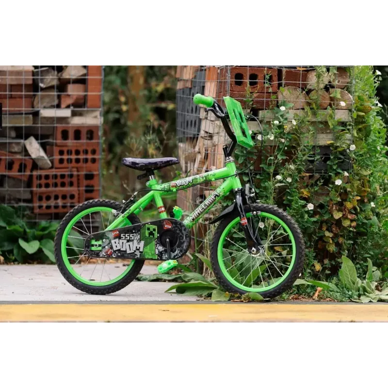 Bicicleta infantil HUFFY Minecraft 16 inch verde — cuadro de acero de 16 inch, transmisión de una velocidad, frenos de llanta delantero y trasero