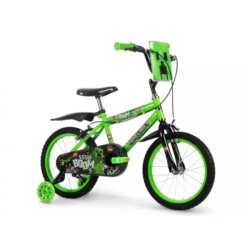 Bicicleta infantil HUFFY Minecraft 16 inch verde — cuadro de acero de 16 inch, transmisión de una velocidad, frenos de llanta delantero y trasero