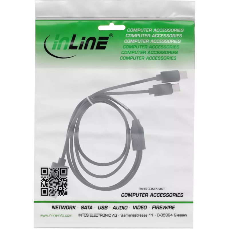 Cable de carga en Y USB 2en1 InLine, 1x conector USB-A a 2x conector USB-C, negro 0,5m