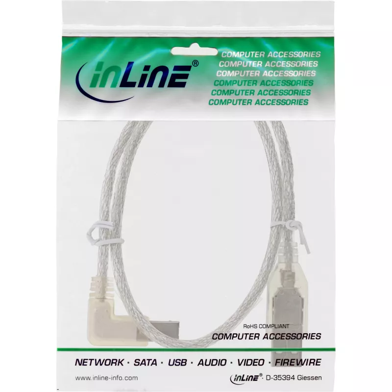 Cable USB 2.0 InLine en ángulo a la izquierda Type-A conector macho / B conector macho transparente 0,5 m