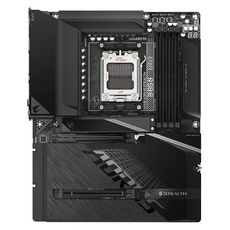 Placa base GIGABYTE B850 AORUS STEALTH — ATX, Socket AM5, AMD B850, DDR5 hasta 8200 MHz (OC), 14+2+2 VRM, 2xPCIe5.0, 2xPCIe4.0 M.2, Wi‑Fi 7, 5GbE