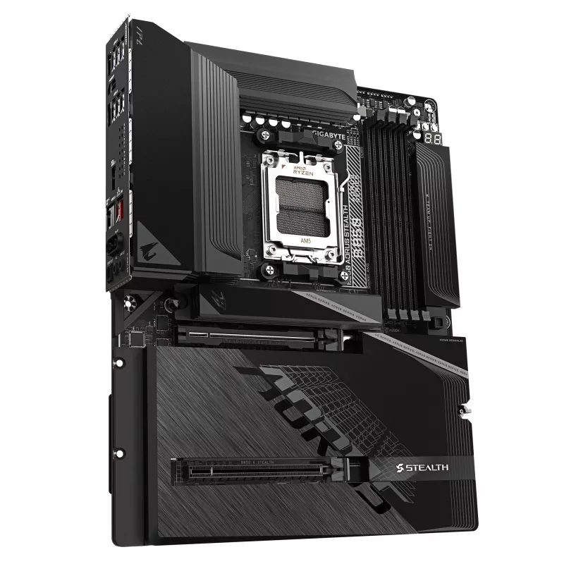 Placa base GIGABYTE B850 AORUS STEALTH — ATX, Socket AM5, AMD B850, DDR5 hasta 8200 MHz (OC), 14+2+2 VRM, 2xPCIe5.0, 2xPCIe4.0 M.2, Wi‑Fi 7, 5GbE