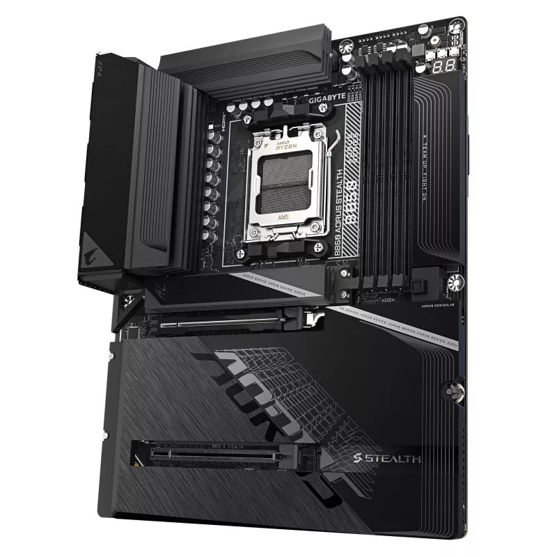 Placa base GIGABYTE B850 AORUS STEALTH — ATX, Socket AM5, AMD B850, DDR5 hasta 8200 MHz (OC), 14+2+2 VRM, 2xPCIe5.0, 2xPCIe4.0 M.2, Wi‑Fi 7, 5GbE