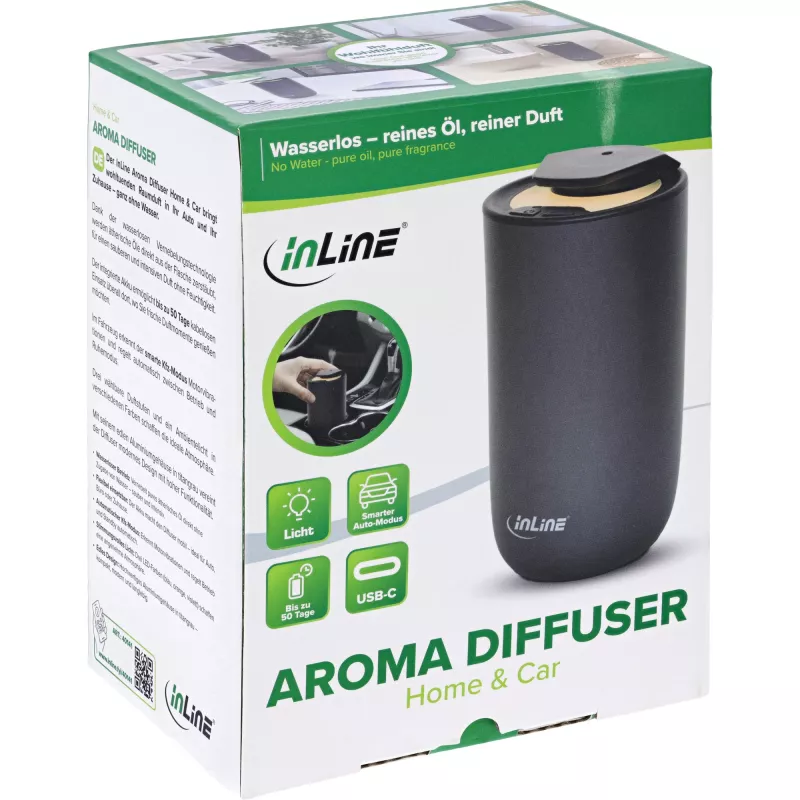 Difusor de aromas InLine para casa y coche, sin agua, luz ambiental, batería recargable (40141)