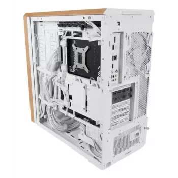 Caja de PC Lian Li Lancool 217 Midi Tower — blanca y madera, compatible con ATX/EATX/Micro-ITX, 2x120 mm frontal, 1x140 mm trasero, 1×3,5