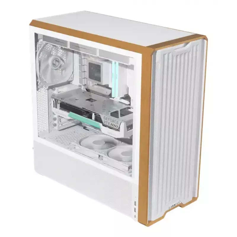 Caja de PC Lian Li Lancool 217 Midi Tower — blanca y madera, compatible con ATX/EATX/Micro-ITX, 2x170 mm frontal, 1x140 mm trasero, 1×3,5 inch + 8×2,5 inch