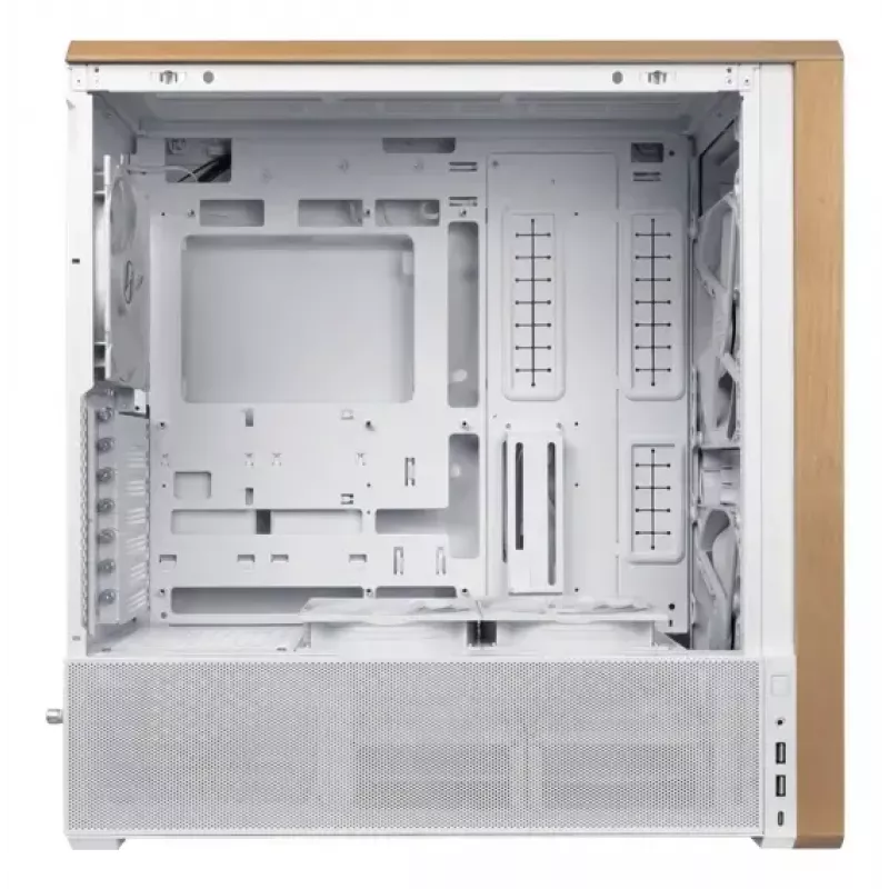Caja de PC Lian Li Lancool 217 Midi Tower — blanca y madera, compatible con ATX/EATX/Micro-ITX, 2x170 mm frontal, 1x140 mm trasero, 1×3,5 inch + 8×2,5 inch