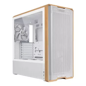 Caja de PC Lian Li Lancool 217 Midi Tower — blanca y madera, compatible con ATX/EATX/Micro-ITX, 2x120 mm frontal, 1x140 mm trasero, 1×3,5