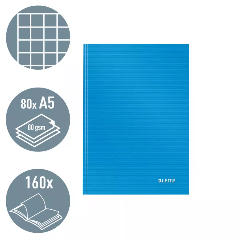 Leitz Notebook Solid Hardcover A5 cuadriculado 90 g/m² 80 hojas, liso, azul, A5, 80 hojas, brillante, 80 g/m²