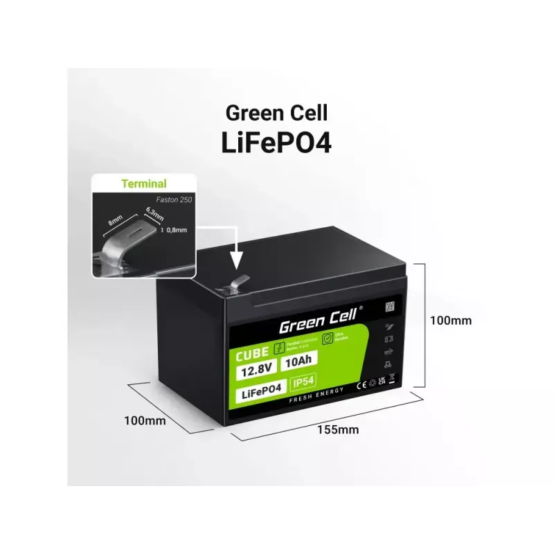 Batería industrial recargable Green Cell LFPGC12V10AH 12,8 V 10 Ah LiFePO4, 155 x 100 x 100 mm, 2 kg