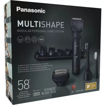 Recortadora de viaje Panasonic X-Shape Travel — azul, batería de litio integrada, accesorios múltiples (barba, cuerpo, pelo, afeitadora de lámina, cepillo de dientes), 1–30 mm, 196×49×43 mm