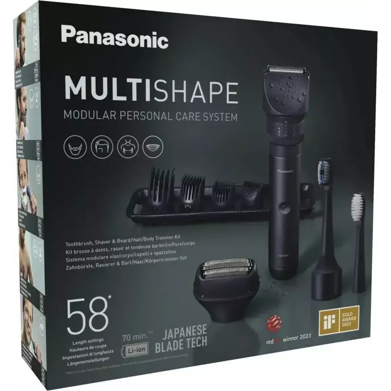 Recortadora de viaje Panasonic X-Shape Travel — azul, batería de litio integrada, accesorios múltiples (barba, cuerpo, pelo, afeitadora de lámina, cepillo de dientes), 1–30 mm, 196×49×43 mm