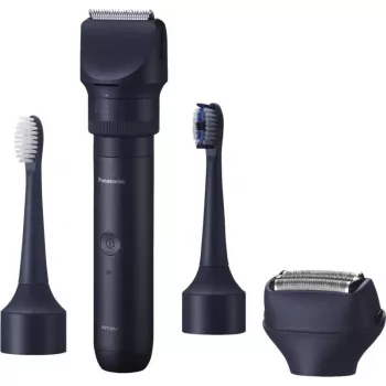 Recortadora de viaje Panasonic X-Shape Travel — azul, batería de litio integrada, accesorios múltiples (barba, cuerpo, pelo, afeitadora de lámina, cepillo de dientes), 1–30 mm, 196×49×43 mm