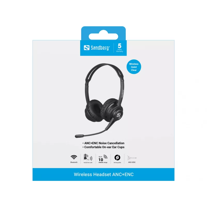 Sandberg auriculares inalámbricos ANC+ENC, inalámbricos, música/uso diario, 20–20000 Hz, 230 g, headset, negro
