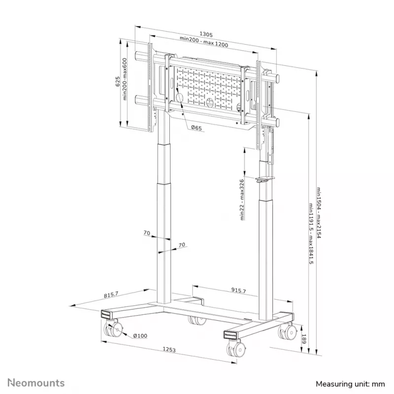Soporte de TV Neomounts FL55-975BL1 motorizado para pantallas de 75–115 inch, acero, negro, máx. 160 kg, altura 2154 mm
