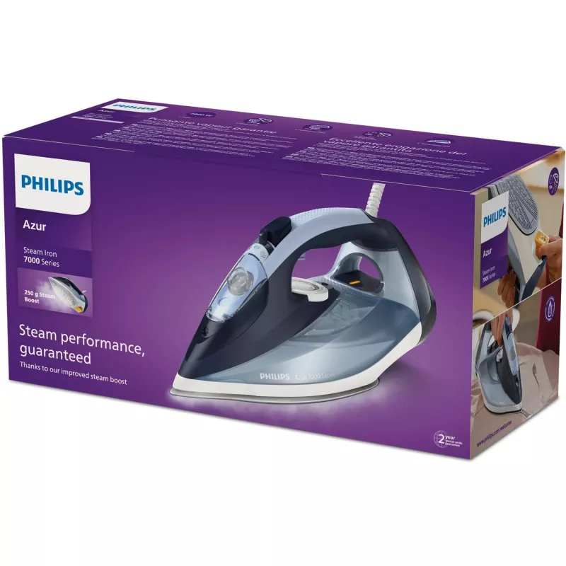 Plancha de vapor Philips DST7020/20 — 2800 W, suela SteamGlide Plus, 50 g/min de vapor continuo, 250 g/min de golpe de vapor, depósito de agua de 0,3 l, azul