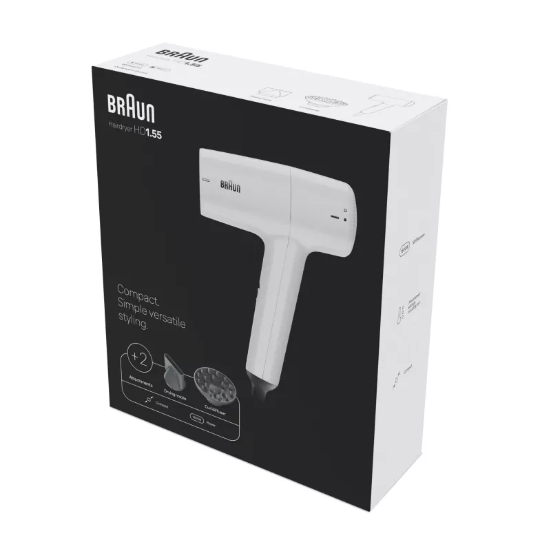 Secador de pelo BRAUN HD1.55 — 1800 W, 2 niveles de calor, Cool shot, cable de 1,8 m, Blanco