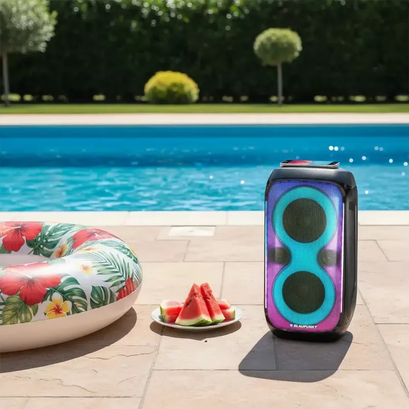 Sistema de altavoces BLAUPUNKT PB60X — 120W RMS, Bluetooth A2DP, FM, pantalla LED, batería de 7000mAh, 18h, AUX, mando a distancia, 568×322×321 mm