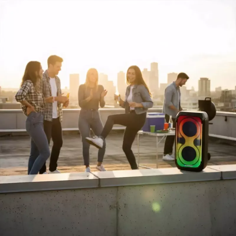 Sistema de altavoces BLAUPUNKT PB60X — 120W RMS, Bluetooth A2DP, FM, pantalla LED, batería de 7000mAh, 18h, AUX, mando a distancia, 568×322×321 mm