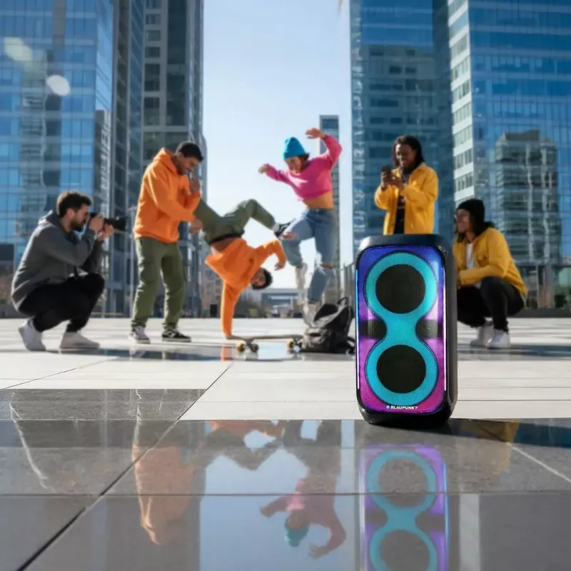Sistema de altavoces BLAUPUNKT PB60X — 120W RMS, Bluetooth A2DP, FM, pantalla LED, batería de 7000mAh, 18h, AUX, mando a distancia, 568×322×321 mm