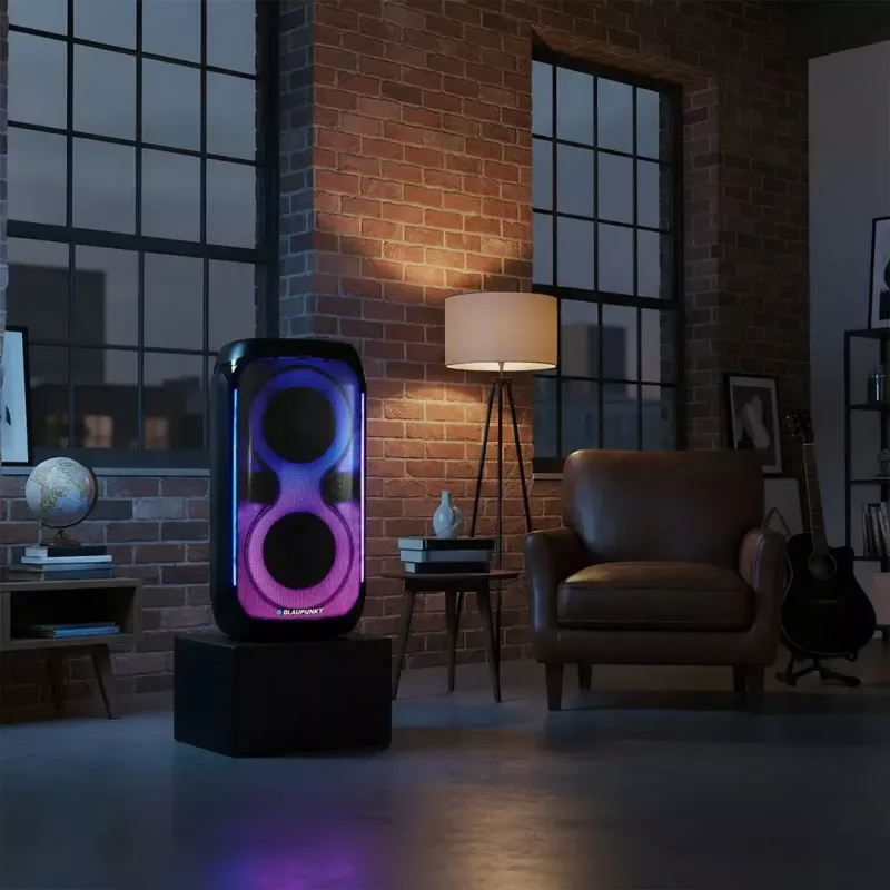 Sistema de altavoces BLAUPUNKT PB60X — 120W RMS, Bluetooth A2DP, FM, pantalla LED, batería de 7000mAh, 18h, AUX, mando a distancia, 568×322×321 mm