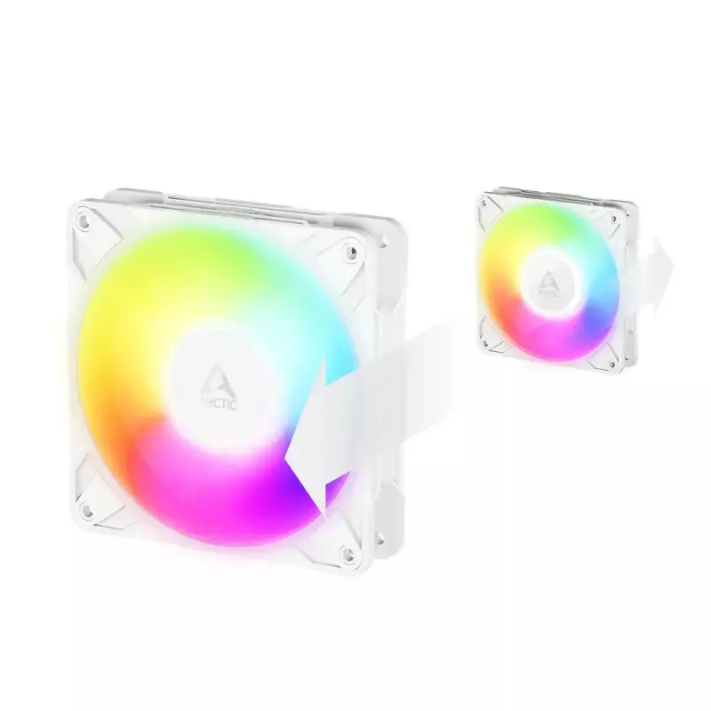 Ventilador Arctic Freezer P12 Pro Reverse A-RGB PWM de 120 mm (blanco) — 124 m³/h, FDB, divisor de cable