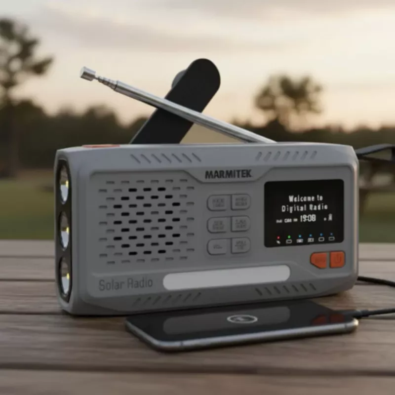 Radio de manivela portátil Marmitek RESQ 100 — DAB/DAB+/FM, 3 W, LCD, USB‑C, jack de 3,5 mm, gris claro