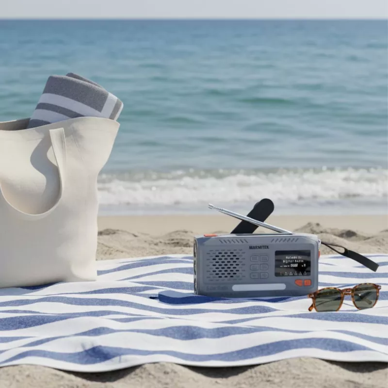 Radio de manivela portátil Marmitek RESQ 100 — DAB/DAB+/FM, 3 W, LCD, USB‑C, jack de 3,5 mm, gris claro