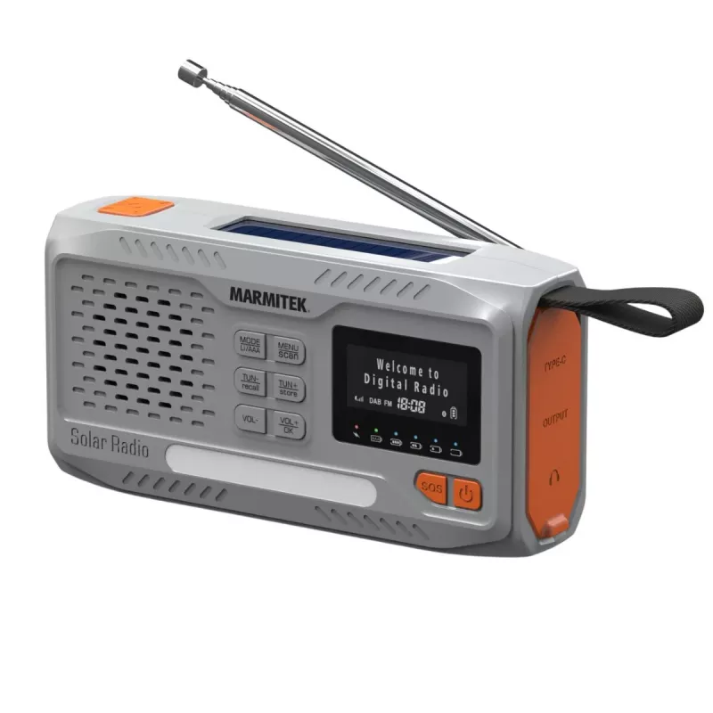 Radio de manivela portátil Marmitek RESQ 100 — DAB/DAB+/FM, 3 W, LCD, USB‑C, jack de 3,5 mm, gris claro