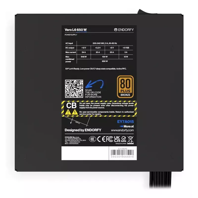 Fuente de alimentación ENDORFY Vero L6 650 W ATX 24-Pin, 80 PLUS Bronze, ventilador de 120 mm, negro