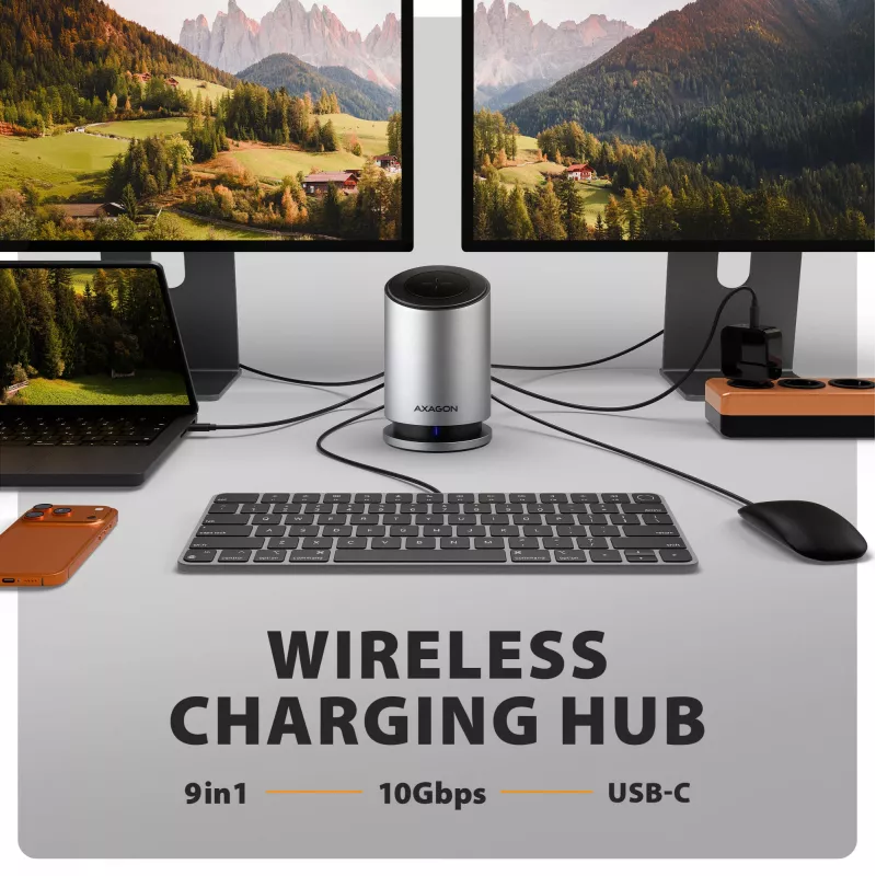 AXAGON HMC-WL9 USB-C Hub de acoplamiento 9 en 1 con 10 Gbit/s, 100W PD, 8K HDMI, Ethernet, carga inalámbrica
