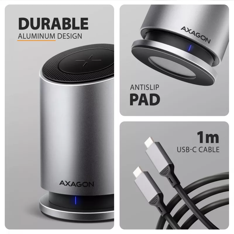 AXAGON HMC-WL9 USB-C Hub de acoplamiento 9 en 1 con 10 Gbit/s, 100W PD, 8K HDMI, Ethernet, carga inalámbrica