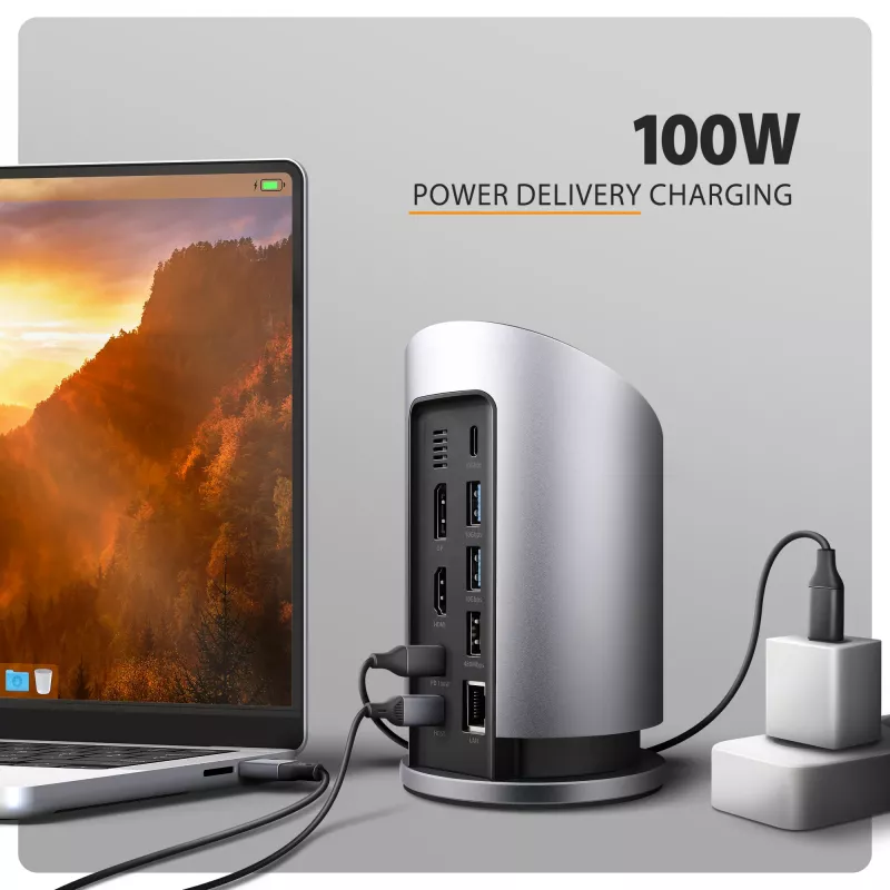 AXAGON HMC-WL9 USB-C Hub de acoplamiento 9 en 1 con 10 Gbit/s, 100W PD, 8K HDMI, Ethernet, carga inalámbrica