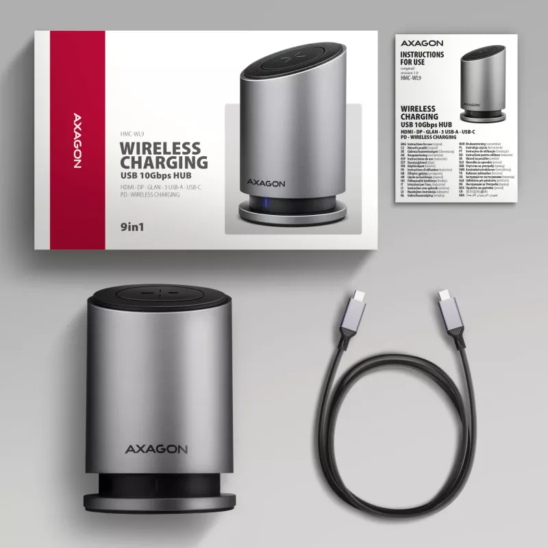 AXAGON HMC-WL9 USB-C Hub de acoplamiento 9 en 1 con 10 Gbit/s, 100W PD, 8K HDMI, Ethernet, carga inalámbrica