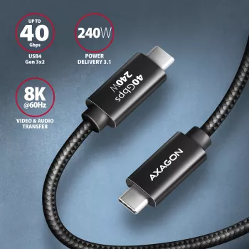Cable USB-C a USB-C AXAGON BUCM4X-CM05AB — USB4 Gen 3x2, 40 Gbit/s, 240 W, 0,5 m, negro