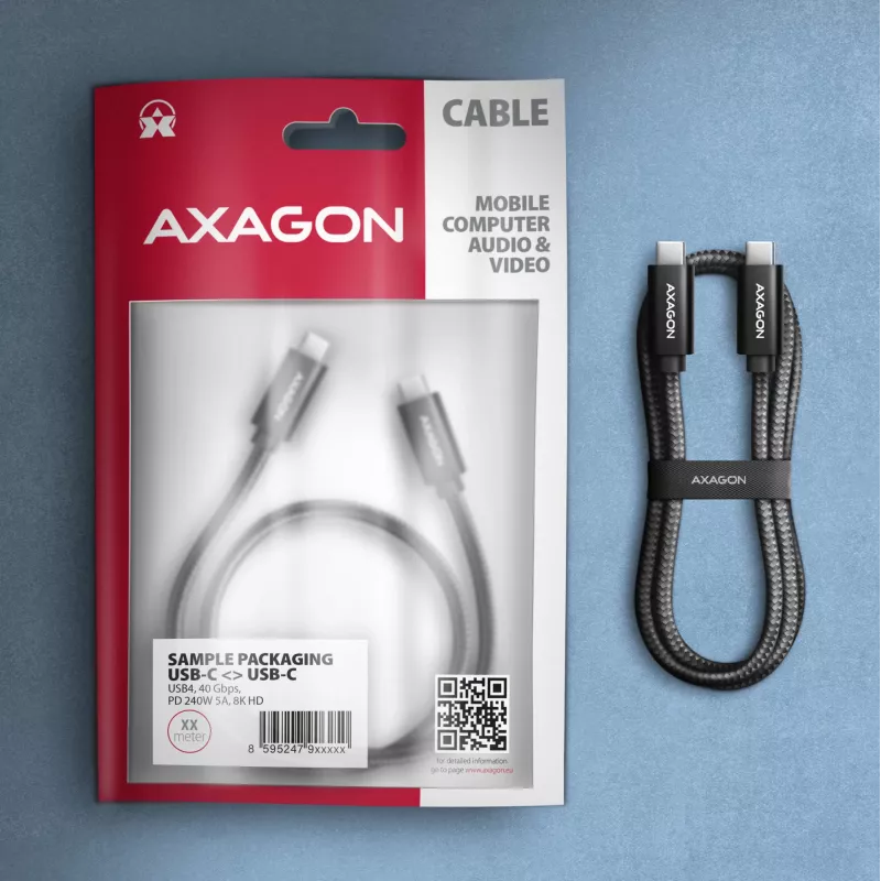 Cable USB-C a USB-C AXAGON BUCM4X-CM05AB — USB4 Gen 3x2, 40 Gbit/s, 240 W, 0,5 m, negro
