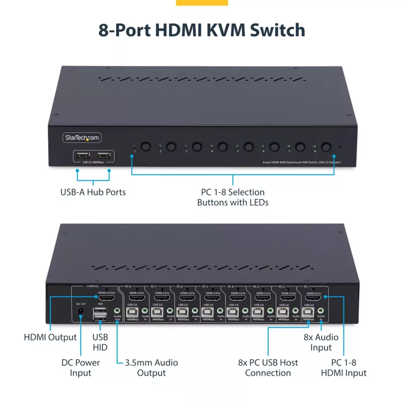 StarTech.com conmutador KVM HDMI de 8 puertos con kit de montaje en rack 1U, 4K 60Hz HDMI 2.0, conmutación por botón y tecla de acceso rápido, hub USB de 4 puertos, independiente del sistema operativo, conforme a TAA