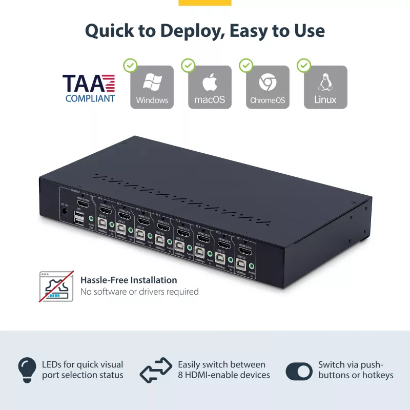 StarTech.com conmutador KVM HDMI de 8 puertos con kit de montaje en rack 1U, 4K 60Hz HDMI 2.0, conmutación por botón y tecla de acceso rápido, hub USB de 4 puertos, independiente del sistema operativo, conforme a TAA
