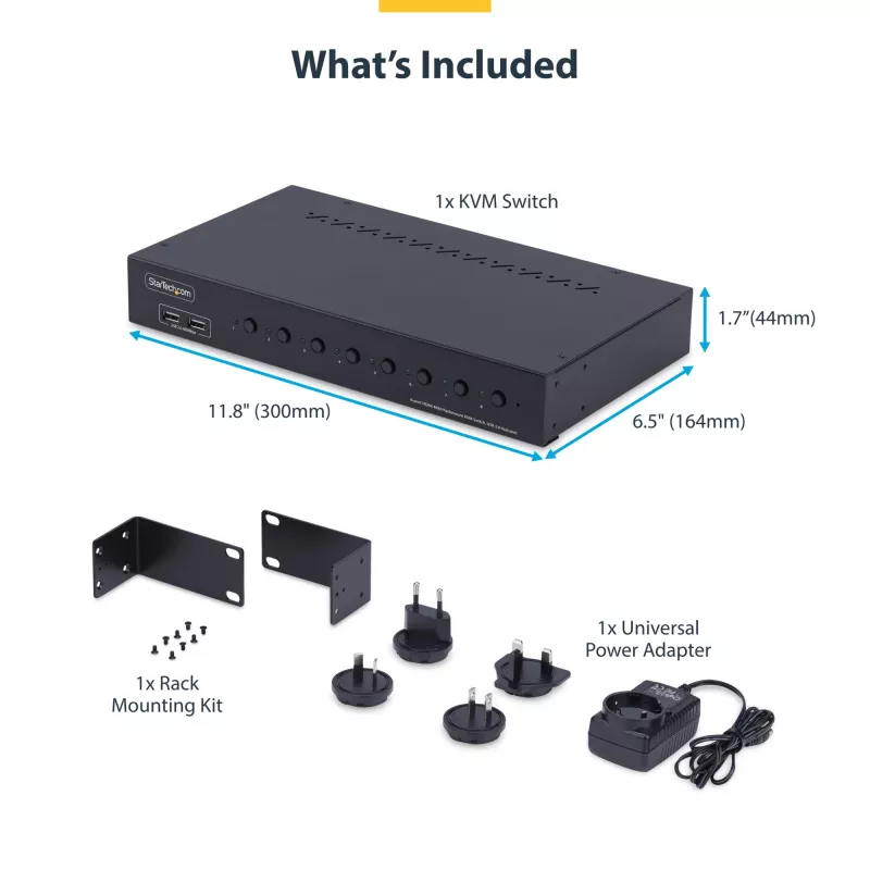 StarTech.com conmutador KVM HDMI de 8 puertos con kit de montaje en rack 1U, 4K 60Hz HDMI 2.0, conmutación por botón y tecla de acceso rápido, hub USB de 4 puertos, independiente del sistema operativo, conforme a TAA