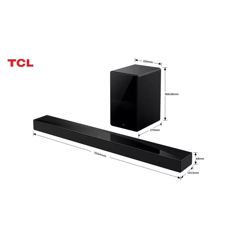 Barra de sonido TCL Q75H 620W 5.1.2 canales con subwoofer activo inalámbrico, HDMI 2.1, Bluetooth 5.3, Wi-Fi 5, 1040×110×58 mm