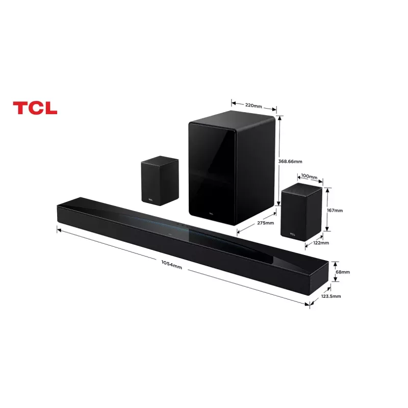 Barra de sonido TCL Q Q85H Class 7.1.4 canales con Dolby Atmos, subwoofer inalámbrico y altavoces surround inalámbricos