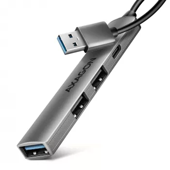 Hub USB AXAGON HUE-STA — regleta de aluminio de 4 puertos, 1× USB-A 5 Gbit/s + 2× USB-A y 1× USB-C 480 Mbit/s, host USB-A, gris